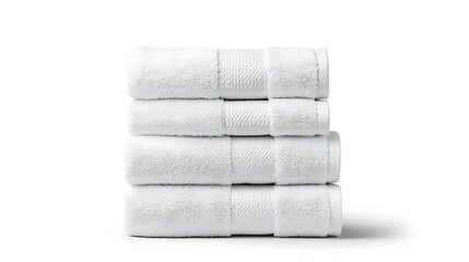 Stack of four white fluffy towels on white background for hotel or spa advertisement