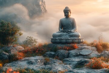 Serene Buddha statue atop misty mountain; sunrise; peace