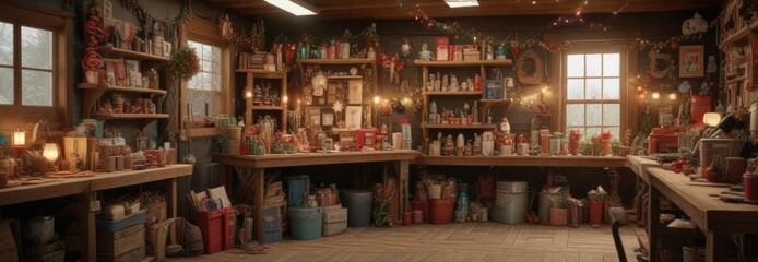 Overcrowded garage with stacked boxes of holiday decorations and memories amidst a cluttered workbench, disorganization, clutter, garages