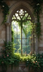 Overgrown church window with lush green vines and flowering plants , architecture, foliage covered, foliage