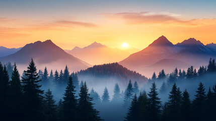 Obraz premium Breathtaking Mountain Landscape with Glowing Sunrise Sky and Misty Evergreen Forests mountain landscape