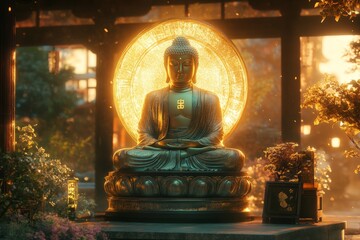Fototapeta premium Serene Buddha statue at dawn, temple garden