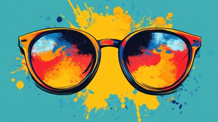 Colorful sunglasses reflecting sunset, splash art background, summer fashion