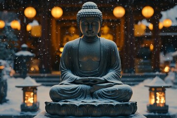 Fototapeta premium Snow-covered Buddha statue in temple garden