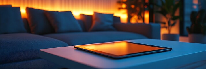 A minimalist tablet placed on a comfortable couch in a stylish living room with a serene, warm ambiance.