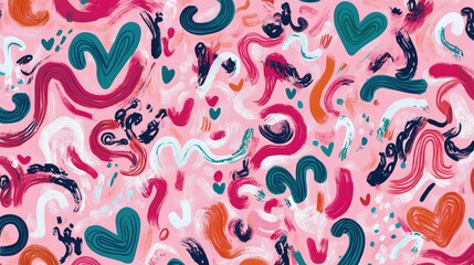 Naklejka premium Playful heart doodles with fun loops and swirls, forming a love-themed pattern on pink.