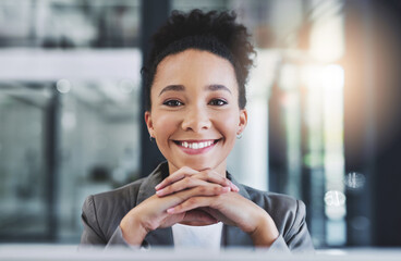 Professional, smile and portrait of businesswoman in office with company revenue, profit or...