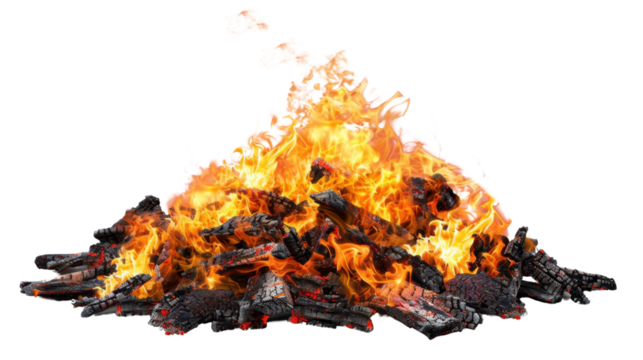 Burning wood and embers creating a large bonfire with transparent background