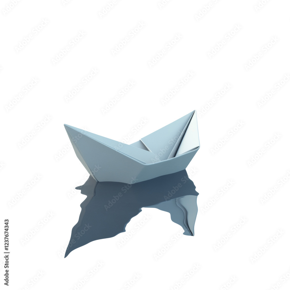 Poster A digitally rendered image shows a light blue paper boat floating on dark water with its reflection visible.