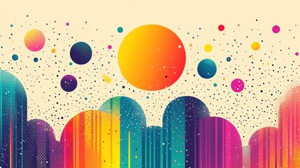 Colorful abstract cosmic landscape; vibrant planets, stars, and rainbow clouds; digital art; website header