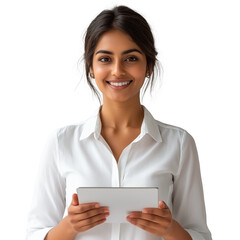 Smiling Indian businesswoman using tablet computer, isolated background