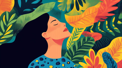 Tropical leaves with woman in natural background illustration.