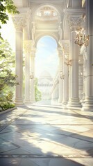 Sunlit Colonnade Leading to Grand Building.