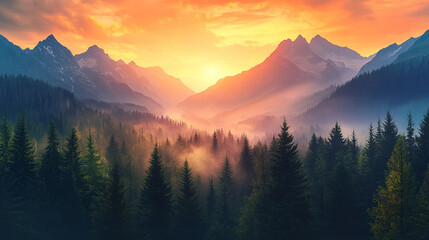 Obraz premium Breathtaking Mountain Landscape with Glowing Sunrise Sky and Misty Evergreen Forests mountain landscape