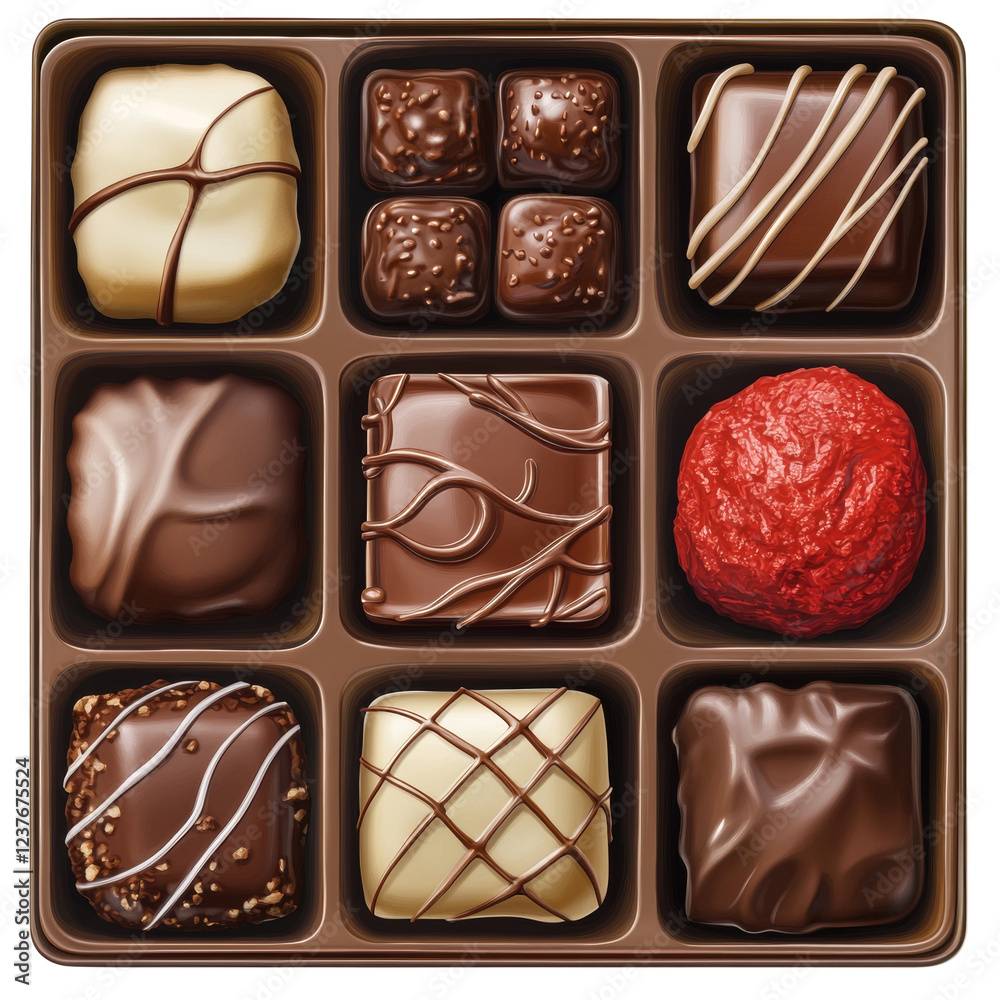 Poster a box of assorted chocolates featuring various milk, dark, and white chocolates with different filli