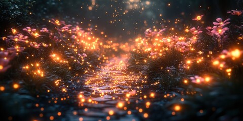 Fototapeta premium Enchanted Glowing Flower Path: A Digital Fantasy Landscape