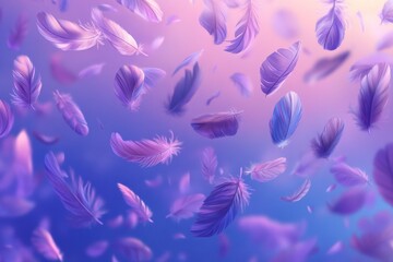 A close-up of purple feathers, the background is a purple and blue gradient. The feathers have a soft texture, and each feather has unique patterns. 