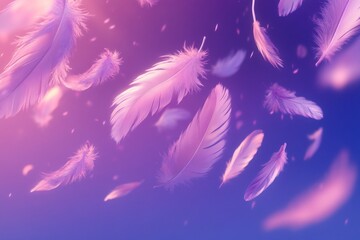 Obraz premium A close-up of purple feathers, the background is a purple and blue gradient. The feathers have a soft texture, and each feather has unique patterns. 