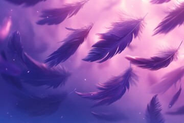 Obraz premium A close-up of purple feathers, the background is a purple and blue gradient. The feathers have a soft texture, and each feather has unique patterns. 