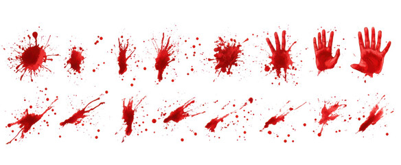 red blood splatter handprints on white background