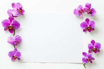 a blank sheet on the right side with pink and purple orchid flowers at each corner, white background, simple composition, feminine style, minimalist design, top view