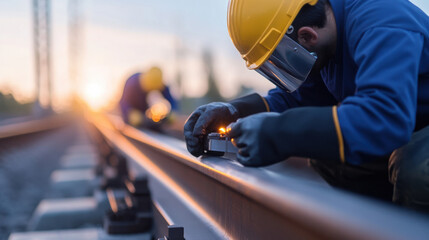 Engineers inspecting weld quality on railway tracks during sunset. scene captures precision and dedication of workers in critical infrastructure setting