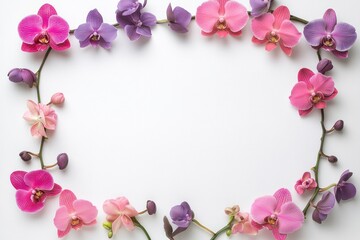 a blank sheet on the right side with pink and purple orchid flowers at each corner, white background, simple composition, feminine style, minimalist design, top view