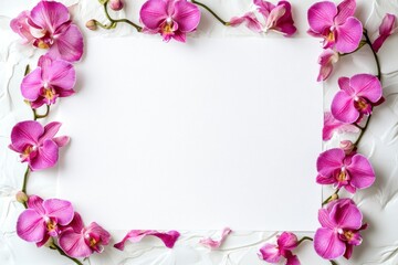 a blank sheet on the right side with pink and purple orchid flowers at each corner, white background, simple composition, feminine style, minimalist design, top view