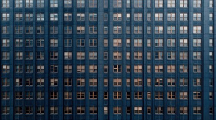 Obraz premium A close-up view of a large, blue-toned building facade featuring a grid of windows, reflecting urban architecture.