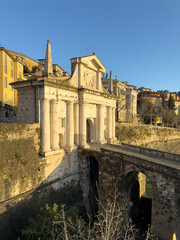 Bergamo, Italy. The old town. Amazing view at the ancient gate Porta San Giacomo. Bergamo one of the most beautiful cities in Italy. Tourists destination