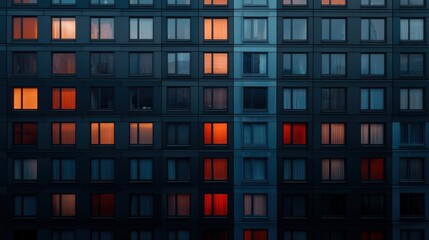 A modern building facade at dusk, featuring a grid of windows, some lit up in warm tones against a dark background.