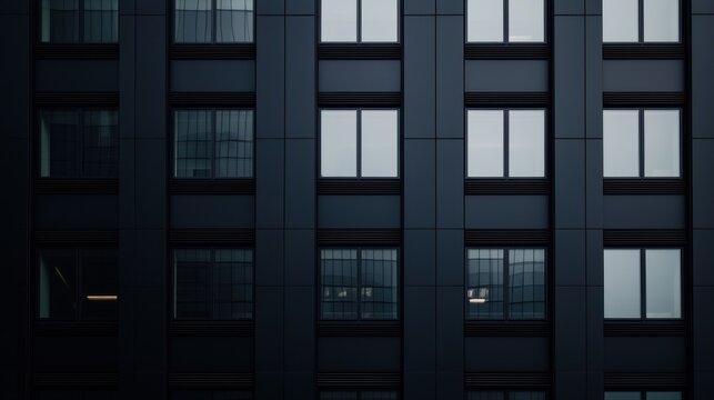 A modern building facade featuring dark panels and reflective windows, creating a sleek, minimalistic architectural style.