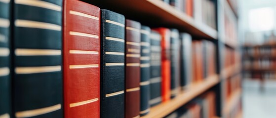 A close-up view of a bookshelf filled with rows of leather-bound books in various colors, showcasing their classic design and texture.