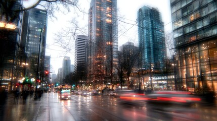 Naklejka premium Rainy Cityscape Urban Street View Traffic Lights Skyscrapers