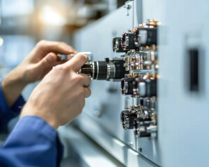 Technician adjusting equipment in control panel, ensuring proper functionality and maintenance. focus is on precision and technical expertise in professional environment