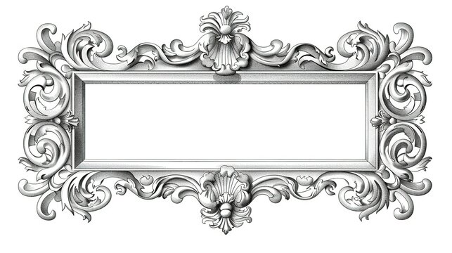 Vector black line drawing of a rectangular vintage frame with floral ornaments on a white background. Simple design with clean lines, flat color, and no shadows or gradients.