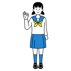 OKサインをする女子学生（全身）