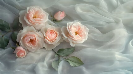Fototapeta premium Romantic floral arrangement of pink roses on flowing fabric, wedding theme