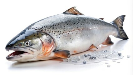 Obraz premium Isolated white background with a single freshly caught salmon laid on its side showing the dripping slime, wild caught, freshwater, raw fish, grocery
