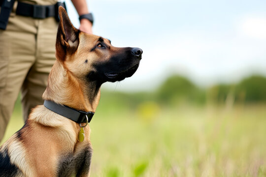 A focused Belgian Malinois dog stands alert in a field, showcasing its keen senses and readiness, with a person in the background wearing tactical gear. - Powered by Adobe