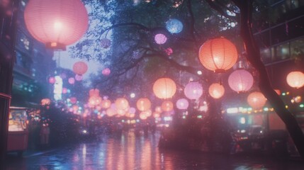 Obraz premium Rainy Night Cityscape Illuminated by Lanterns