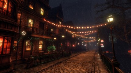 Rainy Night Street Scene with Festive Lights