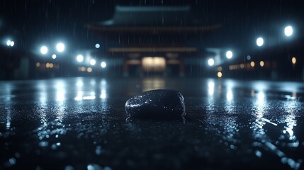 Rainy Night Scene Solitary Stone in Cityscape