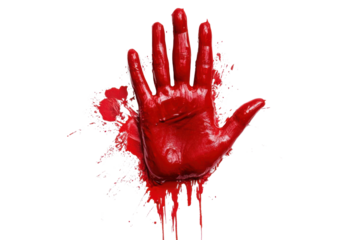 bloody handprint stop gesture on white background