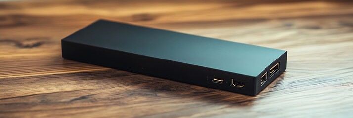 A slim external hard drive resting on a wooden surface, illuminated by soft ambient lighting with a modern digital touch.