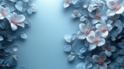 Serene Blue Floral Composition: A Digital Art Piece Featuring Delicate, Pastel Blue Flowers and Leaves on a Soft Blue Background