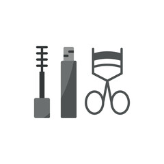 Mascara and eyelash curler set beauty salon icon in flat style, featuring an open mascara tube with a brush and a sleek eyelash curler, perfect for makeup and beauty themes.






