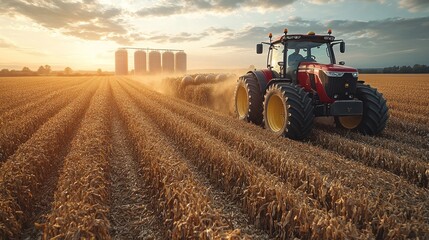 Obraz premium Farmer harvesting hay bales at sunset, silos in background