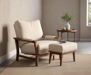 Light beige cushioned armchair placed on a floor with wooden base and matching side table , cozy interior, wood base