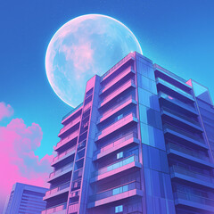 幻想的な未来都市｜サイバーパンクな夜景と巨大な月、アイコンにも使える素材。1 into 1 Ratio Size,square size 1:1